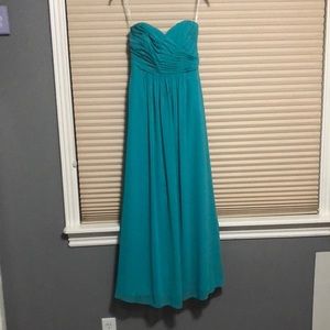 Floor length strapless coral blue prom dress
